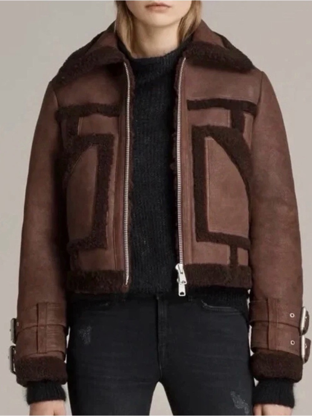 All Saints Asher Burgundy Genuine Shearling Jacket